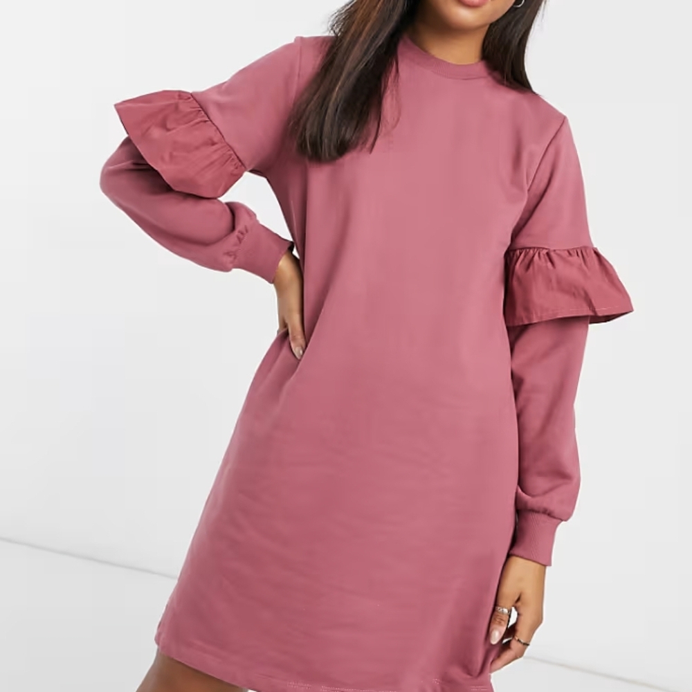 ASOS Mauve Long Sleeve Dress with Ruffle Detail